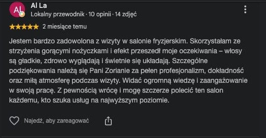 Oryginalna opinia klientki Google o salonie LONG HAIR w Opolu