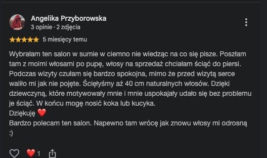 Oryginalna opinia klientki Google o salonie LONG HAIR w Opolu