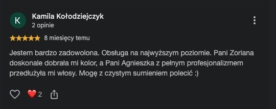 Oryginalna opinia klientki Google o salonie LONG HAIR w Opolu