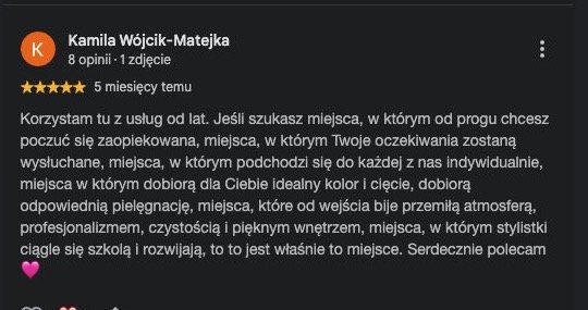 Oryginalna opinia klientki Google o salonie LONG HAIR w Opolu