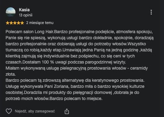 Oryginalna opinia klientki Google o salonie LONG HAIR w Opolu