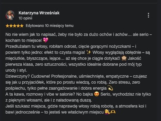 Oryginalna opinia klientki Google o salonie LONG HAIR w Opolu